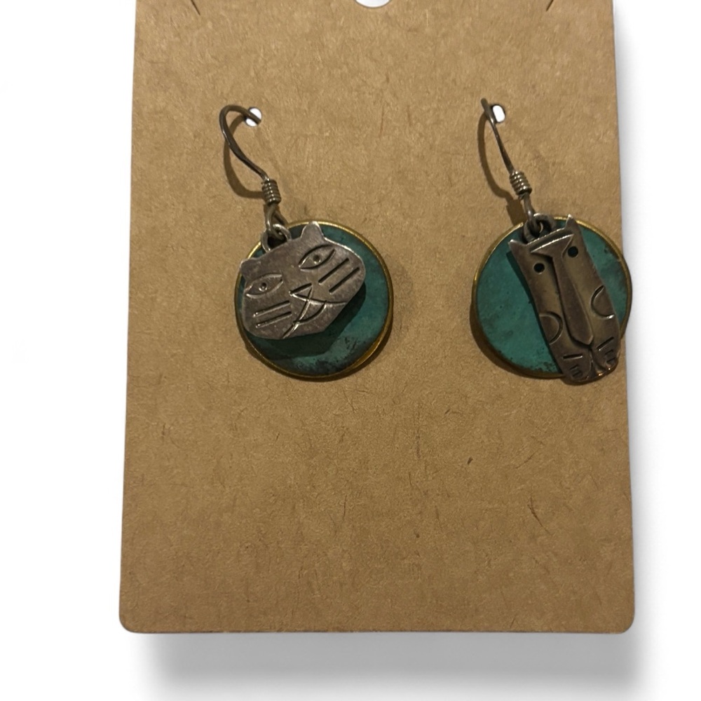 Far Fetched Sterling Silver & Brass cat face Earrings